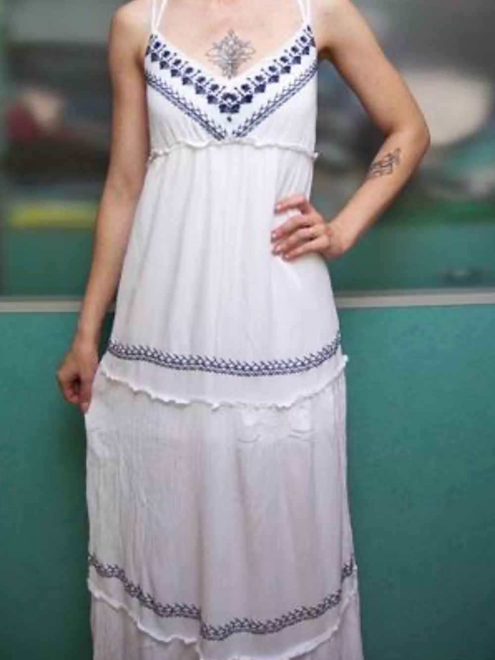 Coastal Vibe Alya White Gauzy Maxi Dress Ruffled Tiers Navy Embroidery Whimsical